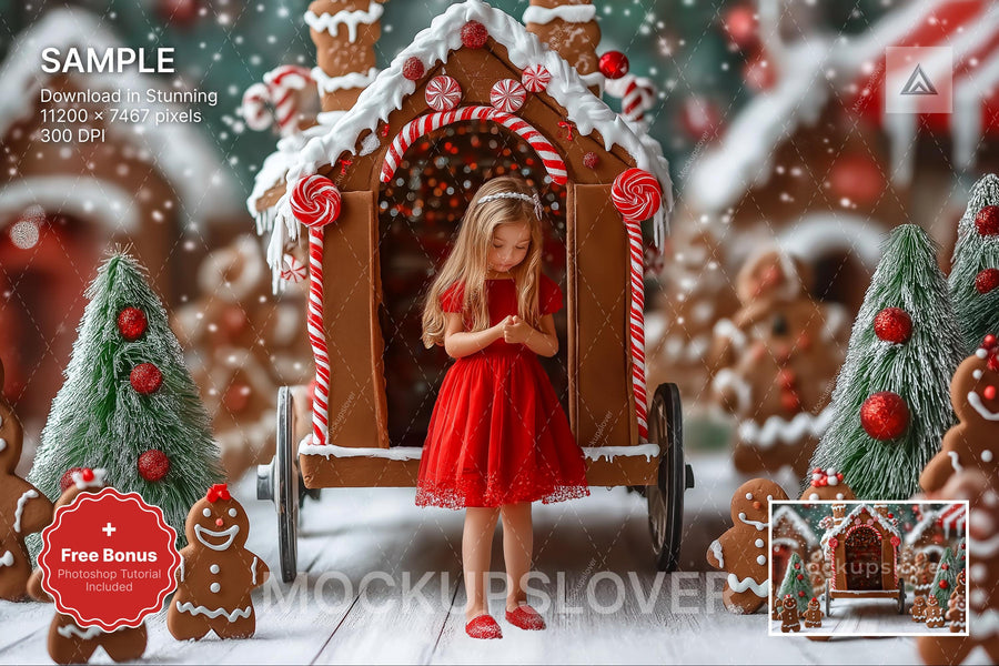 gingerbread house with christmas cookies in winter wonderland digital backdrop for holiday photos