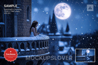 christmas princess in winter landscape, holiday kids prop, night sky backdrop, festive scene, digital holiday background