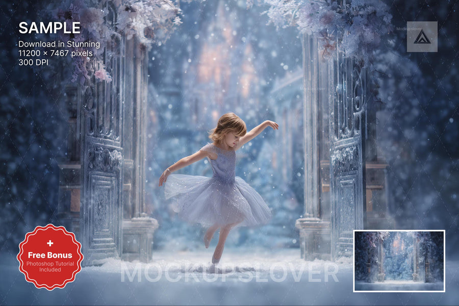 christmas princess in front of ice castle, winter wonderland digital backdrop