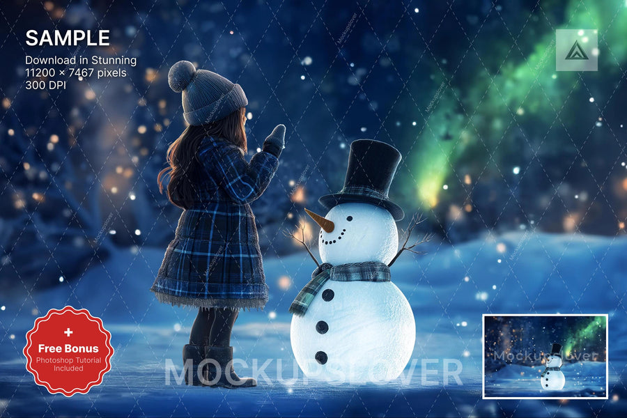 snowman christmas scene with winter backdrop, perfect for holiday photo shoots