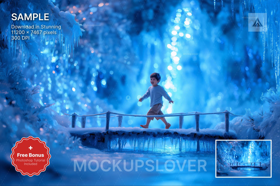 kids in winter wonderland scene with north pole bridge for holiday photos