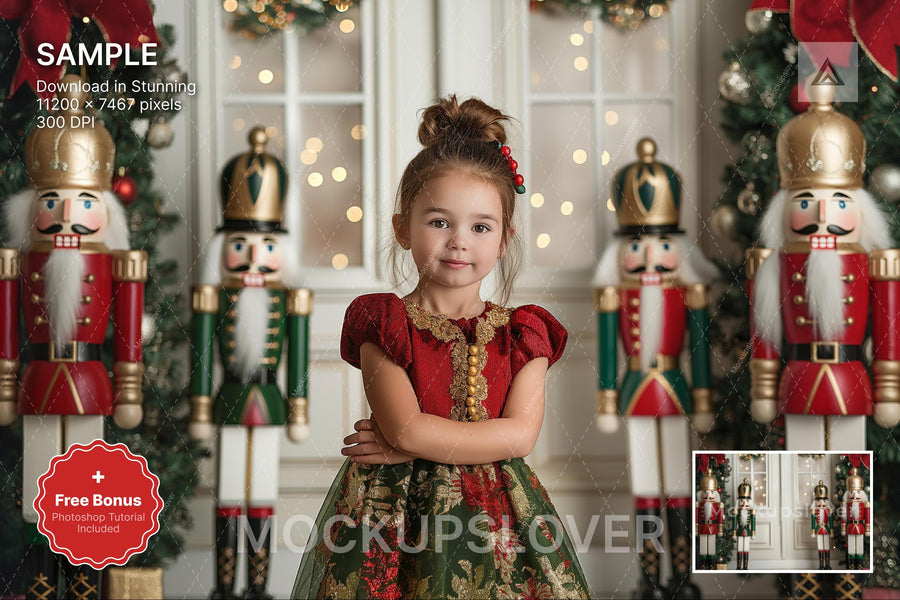giant nutcracker christmas backdrop for family portraits in photoshop or canva