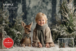 kids in winter wonderland scene with woodland animals and reindeer for holiday portraits