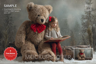 winter fantasy forest scene with woodland creatures and teddy bear, ideal for holiday photo shoots