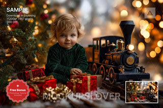christmas train scene with winter backdrop, ideal for holiday photo sessions