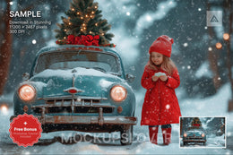 vintage christmas car in winter wonderland backdrop with holiday decorations