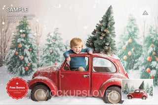 red vintage car in a christmas baby photo backdrop with winter wonderland elements, perfect for holiday portraits