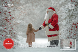 santa claus in snowy forest with christmas backdrop for winter wonderland photo using photoshop template