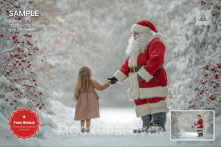 santa claus in snowy forest with christmas backdrop for winter wonderland photo using photoshop template