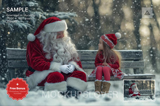 kids in christmas scene with santa and wooden bench for holiday photos