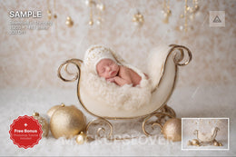 digital backdrop featuring a golden christmas scene with santa's sleigh for newborn photos