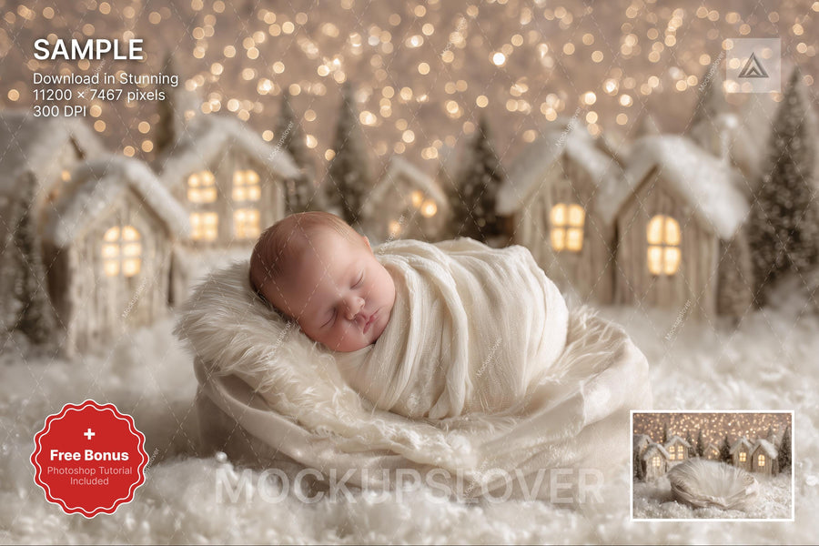 christmas baby digital backdrop scene for holiday photos, winter wonderland background for newborns