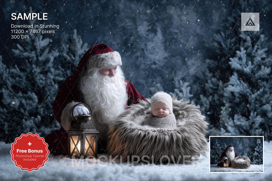 cute baby in christmas outfit with santa claus in snowy winter forest background
