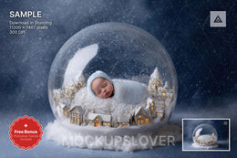 digital backdrop featuring a winter scene with a glass globe, ideal for holiday newborn photography
