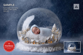 digital backdrop featuring a winter scene with a glass globe, ideal for holiday newborn photography