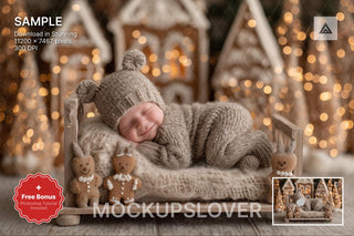 christmas baby scene with gingerbread house, teddy bear, and holiday backdrop
