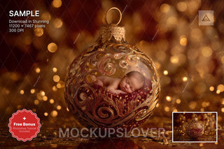 newborn in a christmas-themed digital backdrop with festive ornaments and holiday decor