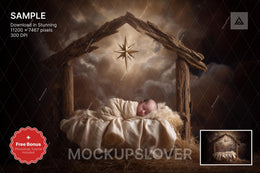 christmas nativity scene with farm and star elements, ideal for holiday photo shoots