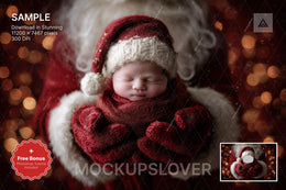 santa baby photo with digital christmas backdrop featuring santa claus and face swap effect