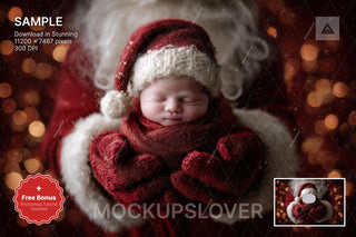 santa baby photo with digital christmas backdrop featuring santa claus and face swap effect