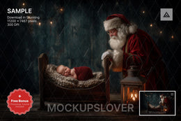 first christmas baby digital backdrop featuring santa claus and wood bed for holiday newborn photos