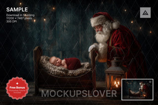 first christmas baby digital backdrop featuring santa claus and wood bed for holiday newborn photos