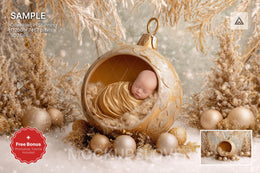 newborn baby in a christmas ball digital backdrop with golden studio setting