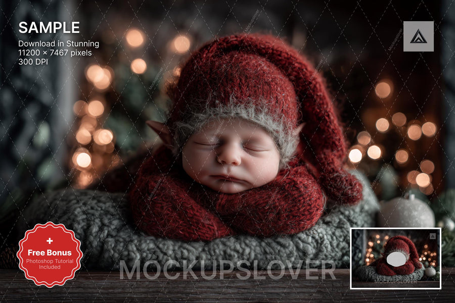 christmas baby elf face swap scene, digital backdrop, cozy studio background, holiday newborn prop