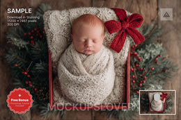christmas baby face swap overlay, newborn portrait scene, digital backdrop for holiday photos