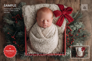 christmas baby face swap overlay, newborn portrait scene, digital backdrop for holiday photos