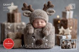 reindeer and baby portrait scene with christmas backdrop, perfect for holiday photo sessions