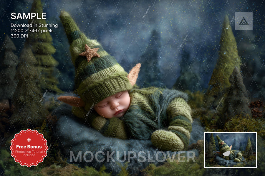 baby elf face swap scene in winter fantasy forest with holiday backdrop and photoshop overlay