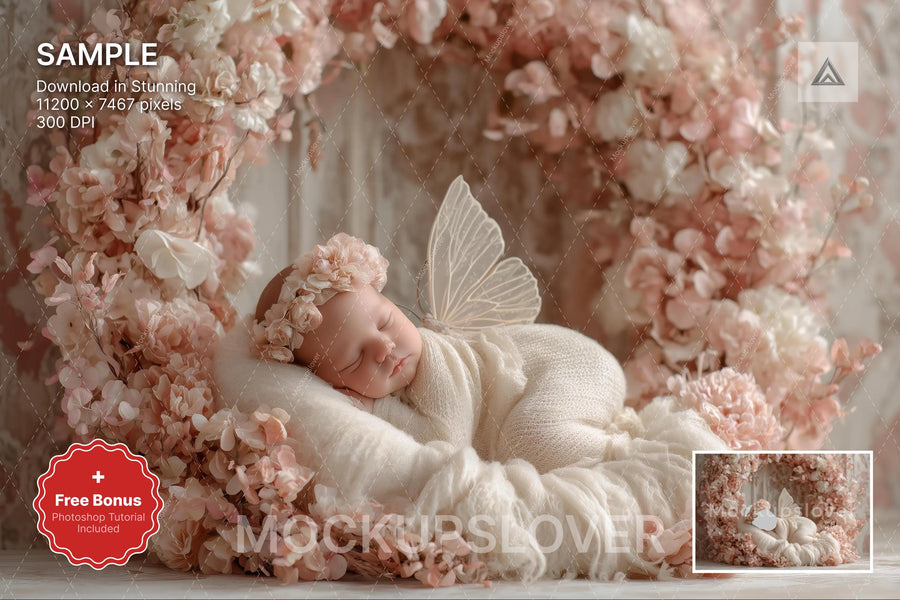 baby girl face swap with floral fairy and butterfly on pink studio backdrop, ideal for newborn photography