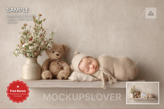 baby face swap overlay with teddy bear on wooden shelf backdrop, ideal for newborn photography