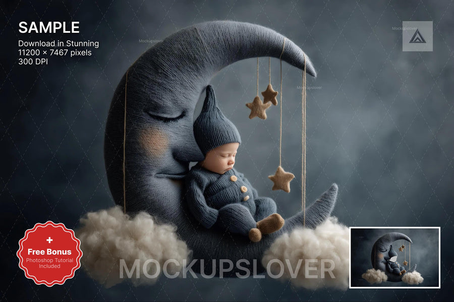 baby boy face swap overlay on crescent moon background, night sky scene, ideal for newborn portraits