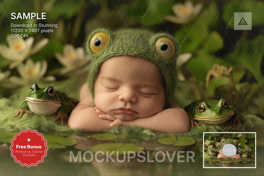 baby face swap with frog in woodland scene, perfect for newborn photo editing and digital download