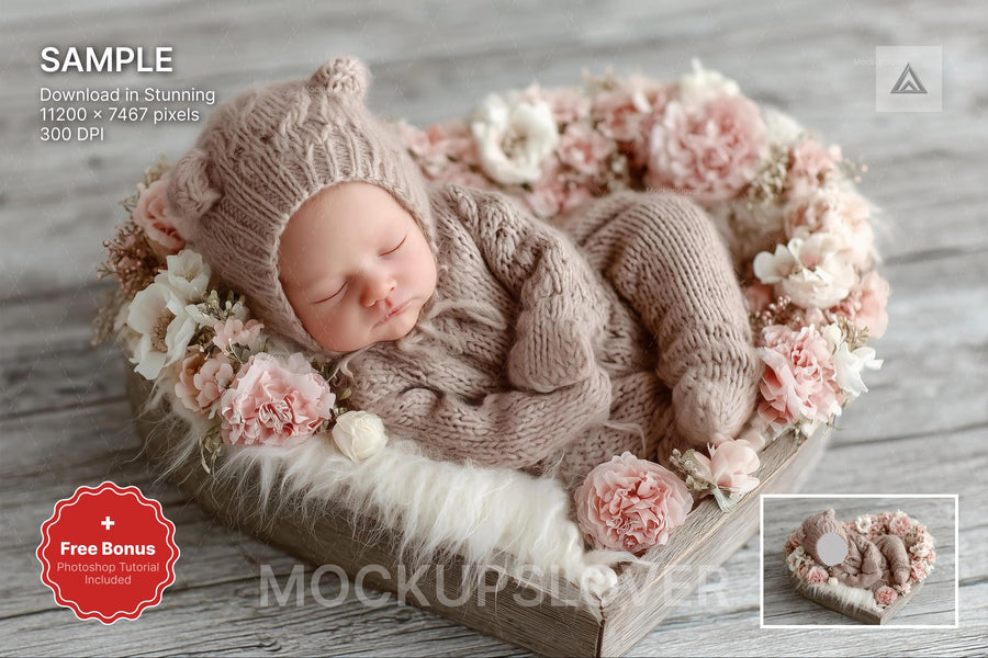 baby with floral heart backdrop, perfect for newborn photography and digital projects