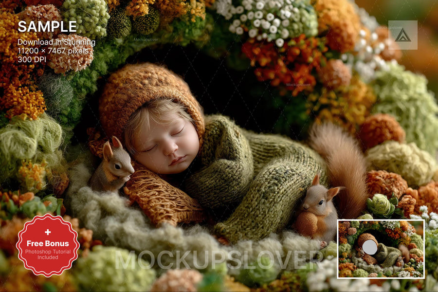 baby in fantasy forest with squirrels and woodland animals for studio photos