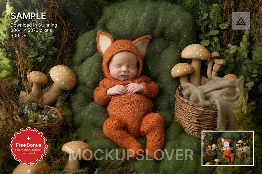 baby in fantasy forest scene with red fox face swap and woodland backdrop