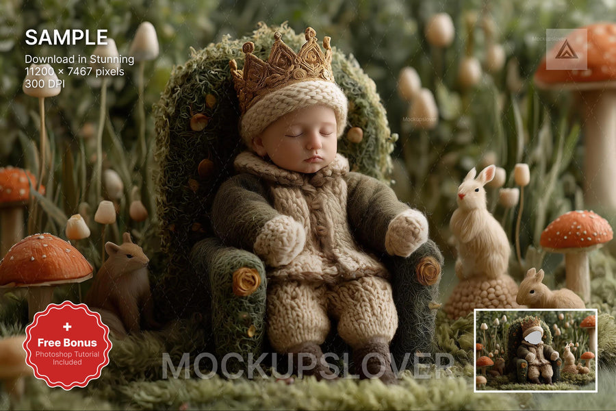baby in fantasy forest scene with woodland creatures and fairy backdrop