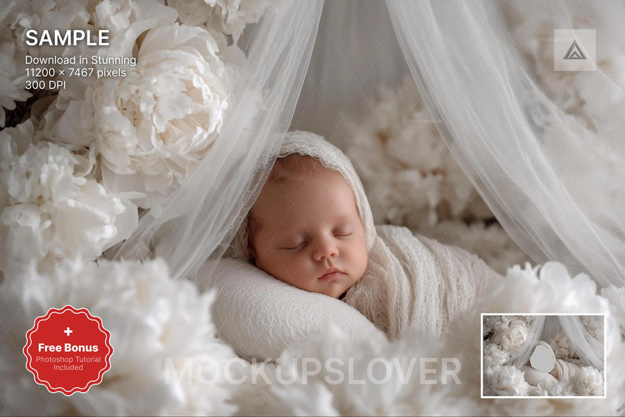 baby with floral backdrop, face swap overlay, studio portrait, newborn photography prop