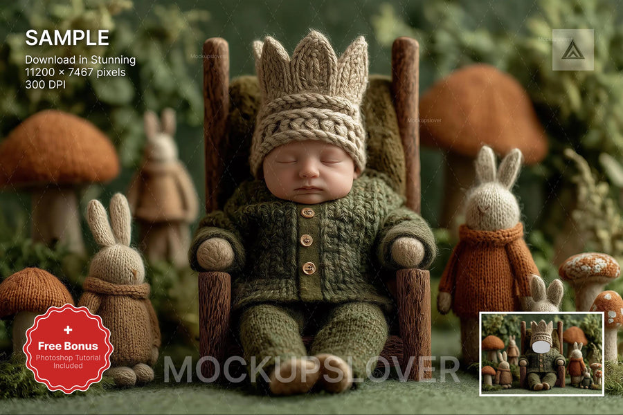 baby face swap scene with woodland creatures and mushrooms, perfect for newborn photography overlays
