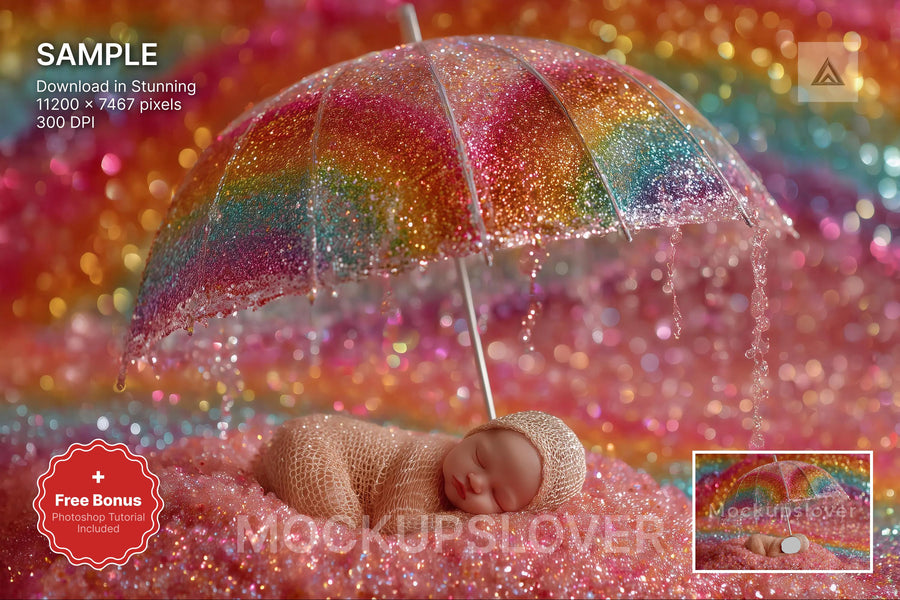 baby girl with rainbow backdrop, newborn photography scene, face swap, umbrella background, baby photo prop