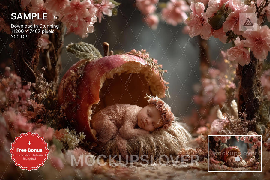 newborn girl with floral fairy garden digital backdrop, featuring apple blossom and fantasy forest elements