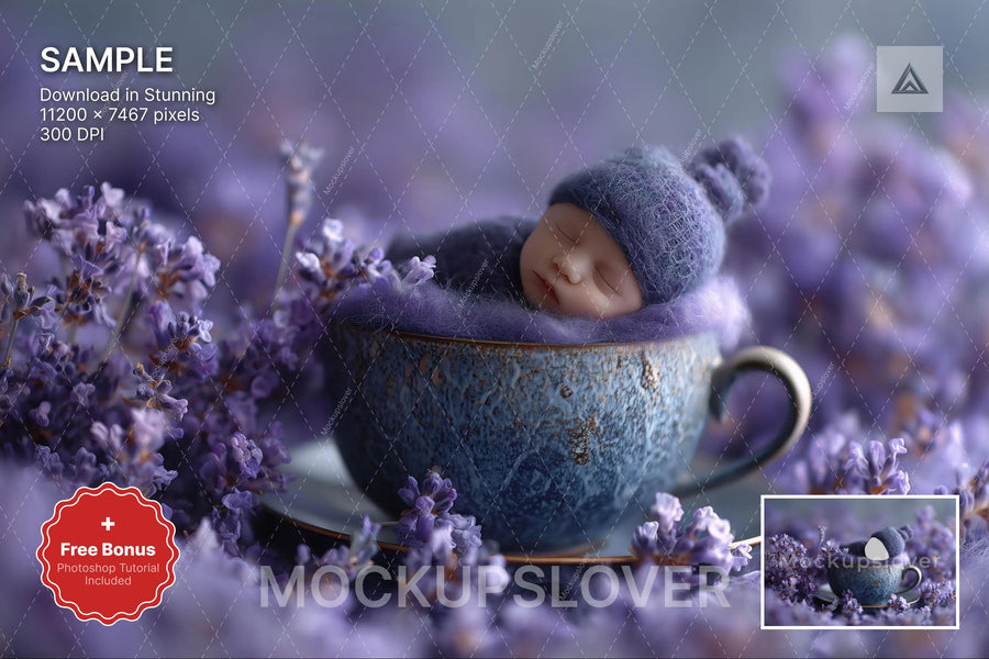 baby with floral lavender backdrop, perfect for newborn photography and fairy garden themes