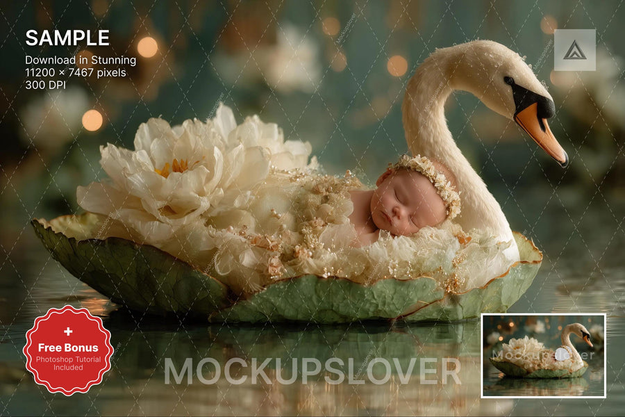 baby girl with floral woodland backdrop, face swap, swan, fairy creatures, perfect for newborn photography