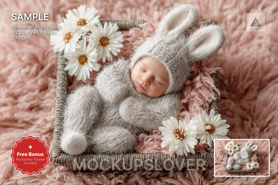baby with easter bunny backdrop, floral and woodland scene, perfect for newborn photography