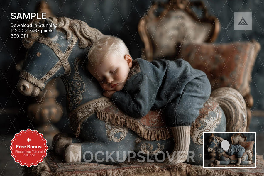 baby with vintage rocking horse, nursery backdrop, face swap, newborn photography prop, photoshop composite