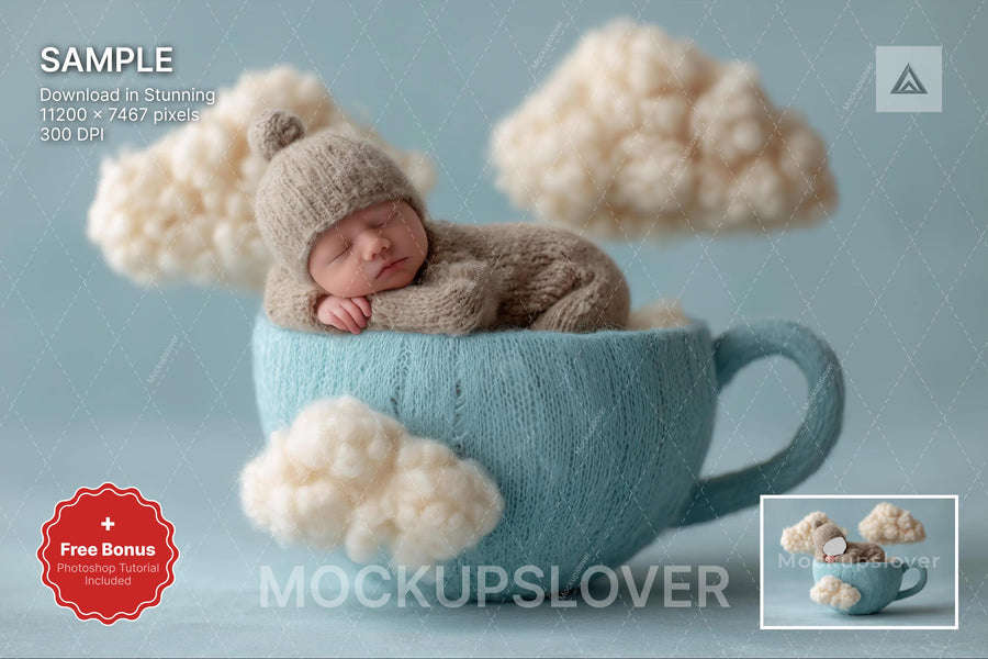 baby boy with fairy cloud backdrop, perfect for newborn photo overlays