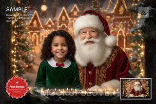 santa claus in a christmas village window with festive decorations and holiday lights, perfect for winter kids portrait
